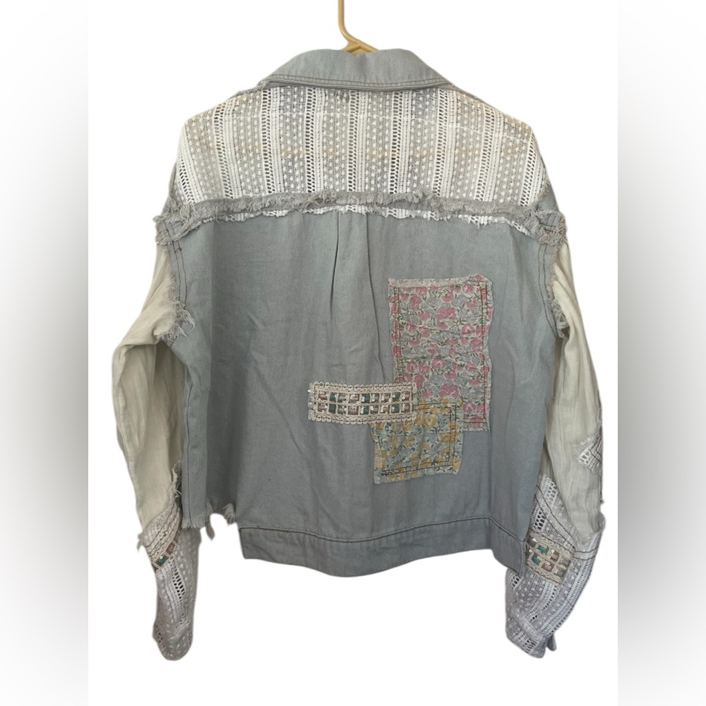 POL Patchwork Lace Denim Distressed Oversized Jac… - image 5